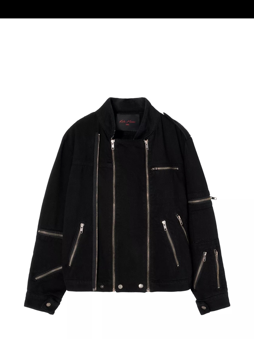 Black Zipper-Detail Denim Moto Jacket